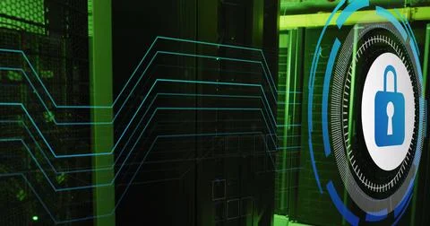 Image of data processing with padlock icon over server room Stock Photos