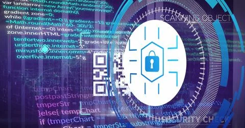 Image of data processing with padlock icon over server room 스톡 사진