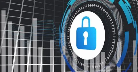 Image of data processing with padlock icon over blue background 스톡 사진