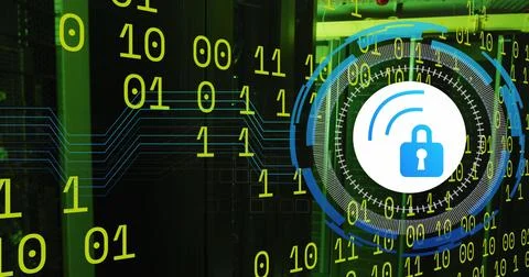 Image of data processing with padlock icon over server room Stock Photos