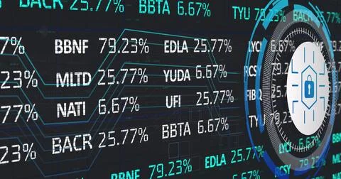 Image of data processing with padlock icon over blue background Stock Photos