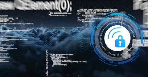 Image of data processing with padlock icon over clouds Stock Photos