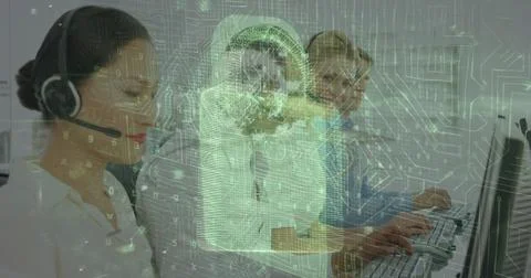 Image of data processing with padlock icon over diverse business people in .. Foto stock