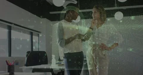 Image of data processing with padlock icon over diverse business people in .. 스톡 사진