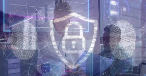 Image of data processing with padlock icon over diverse business people in .. 写真素材