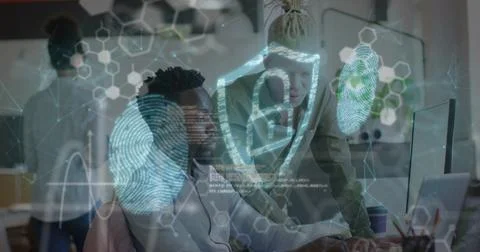 Image of data processing with padlock icon over diverse business people in .. 写真素材