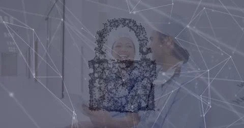 Image of data processing with padlock icon and network of connections over 写真素材