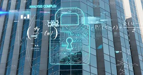 Image of data processing with padlock icon and mathematical equations over 스톡 사진