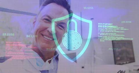 Image of data processing with padlock icon over caucasian male doctor using Stock Photos