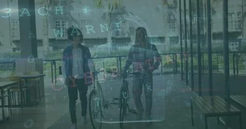 Image of data processing with padlock icon over biracial male friends walking Stock Photos