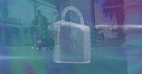 Image of data processing with padlock icon over diverse people walking on street 写真素材