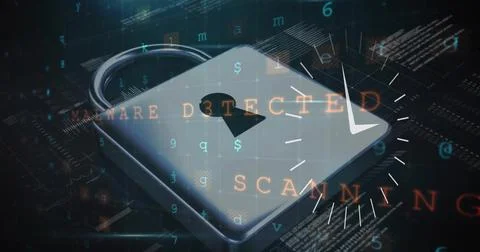 Image of data processing with padlock icon on black background Stock Photos