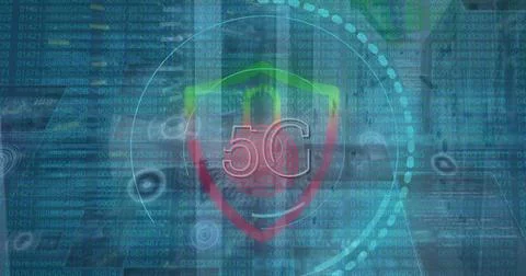 Image of data processing, padlock icon and scope scanning with 5g text over Foto stock