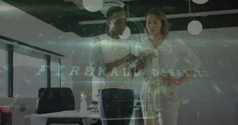 Image of data processing with padlock icon over diverse business people in 库存照片