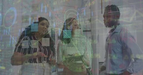 Image of data processing with padlock icon over diverse business people in 库存照片