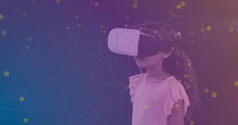 Image of data processing with padlock over biracial schoolgirl with vr headse Stock Photos
