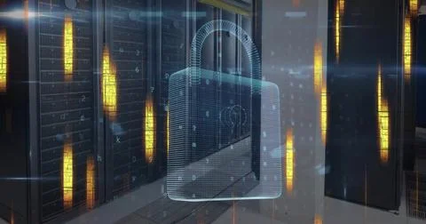 Image of data processing with padlock over server room Stock Photos