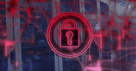 Image of data processing with padlock over arrows and server room Stock Photos