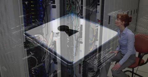 Image of data processing with padlock over technician and computer server 写真素材