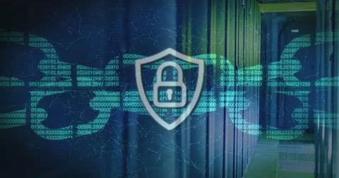 Image of data processing with padlock over server room Foto stock