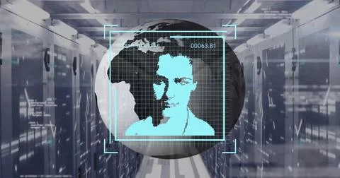 Image of data processing with people icons and globe over server room Foto stock