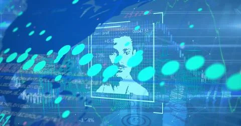 Image of data processing with people portraits on blue background Stock Illustration