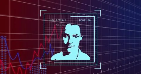 Image of data processing with people portraits on red and black background Illustrazione stock