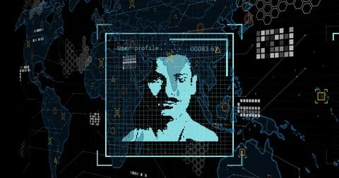 Image of data processing with people portraits over world map on black Stockillustratie
