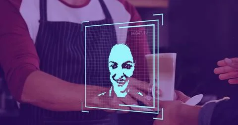 Image of data processing with people portraits over biracial man serving coffee Stock Photos
