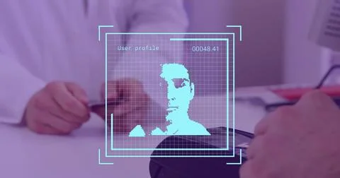 Image of data processing with people portraits over diverse people paying with Foto stock