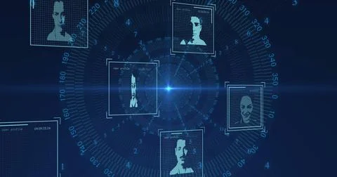 Image of data processing with portraits on black background Stock Photos