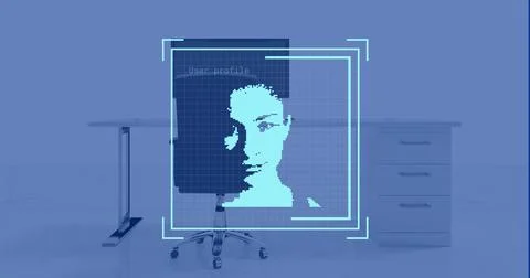 Image of data processing with portraits over desk with computer on blue Illustrazione stock
