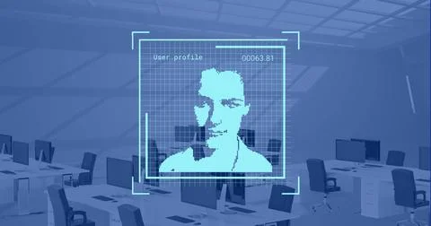 Image of data processing with portraits over desks with computers on blue Foto stock