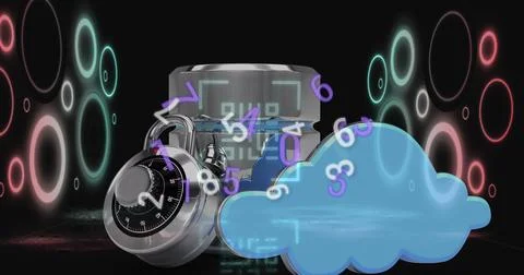 Image of data processing with qr code over padlock on black background Stock Illustration