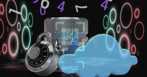 Image of data processing with qr code over padlock on black background Stock Illustration