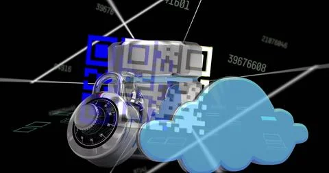 Image of data processing with qr code over padlock on black background Illustrazione stock