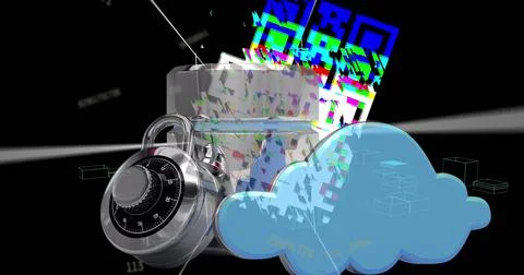 Image of data processing with qr code over padlock on black background Stock Illustration