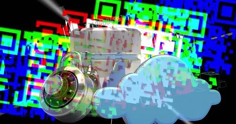 Image of data processing with qr code over padlock on black background 스톡 일러스트