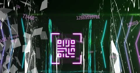 Image of data processing with qr code and digital human over shapes on black Stock Illustration