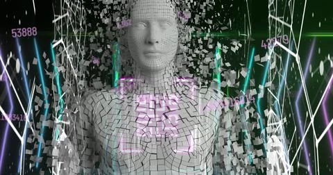 Image of data processing with qr code and digital human over shapes on black Stock Illustration