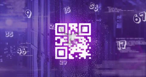 Image of data processing with qr code and digital human over server room Foto stock