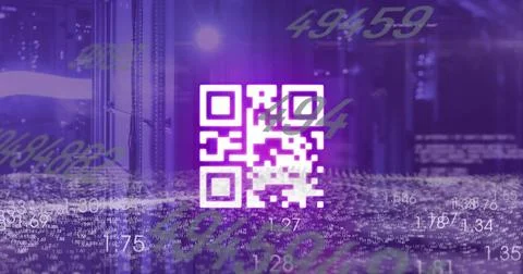 Image of data processing with qr code over server room Stock Photos