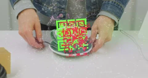 Image of data processing with qr code over caucasian man with coffee Stock Photos