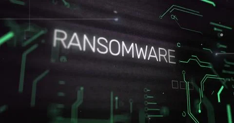 Image of data processing with ransomware text and computer circuit board on Stock Illustration