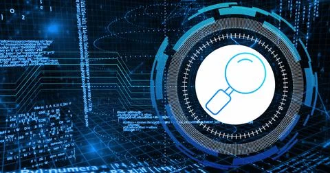 Image of data processing with reading glass icon over blue background Stock Illustration