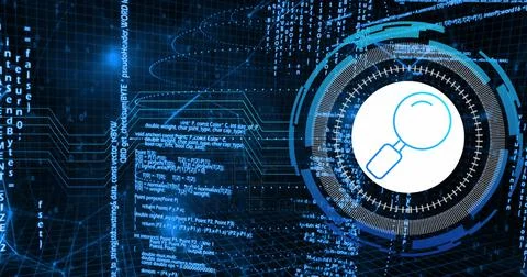 Image of data processing with reading glass icon over blue background Stock Illustration