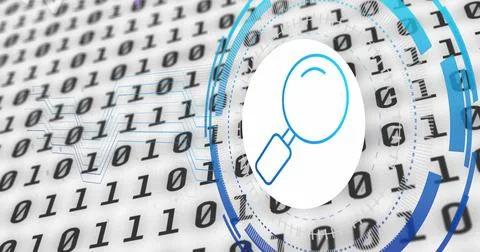 Image of data processing with reading glass icon over white background Stock Illustration