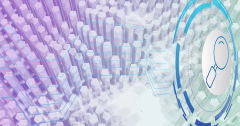 Image of data processing with reading glass icon over shapes and white backgr Stock Illustration