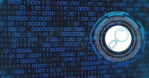 Image of data processing with reading glass icon over blue background Stock Photos