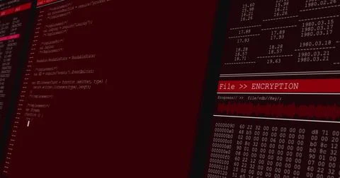 Image of data processing on red computer screens Illustrazione stock